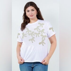White Rhinestone Bow Plus Tee